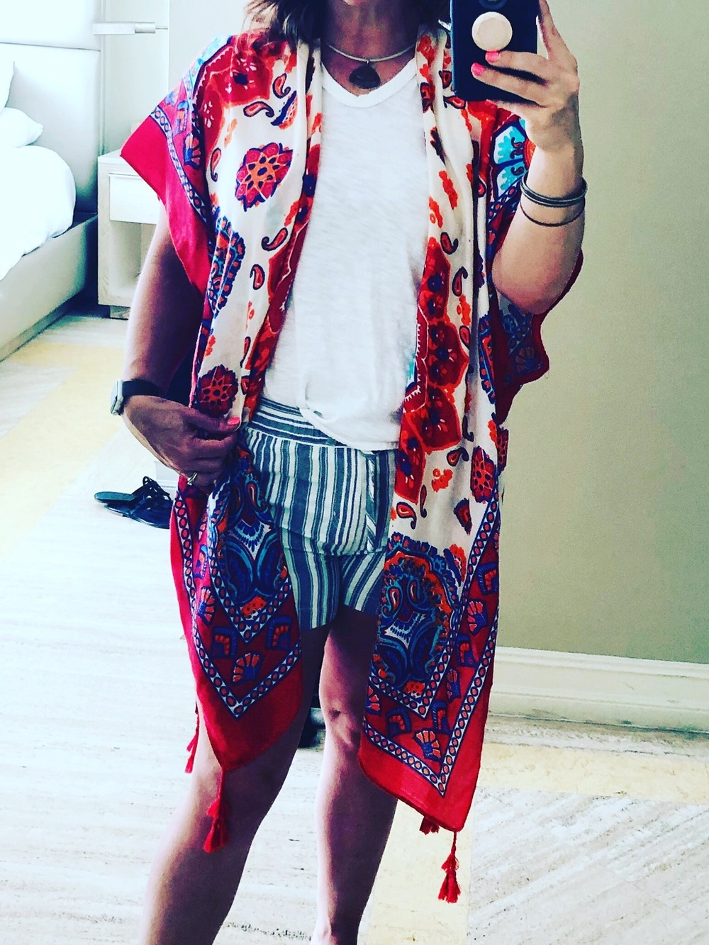 Woven Heart Zuma Tassel Print Ruana Red Boho Kimono Cover Up One Size